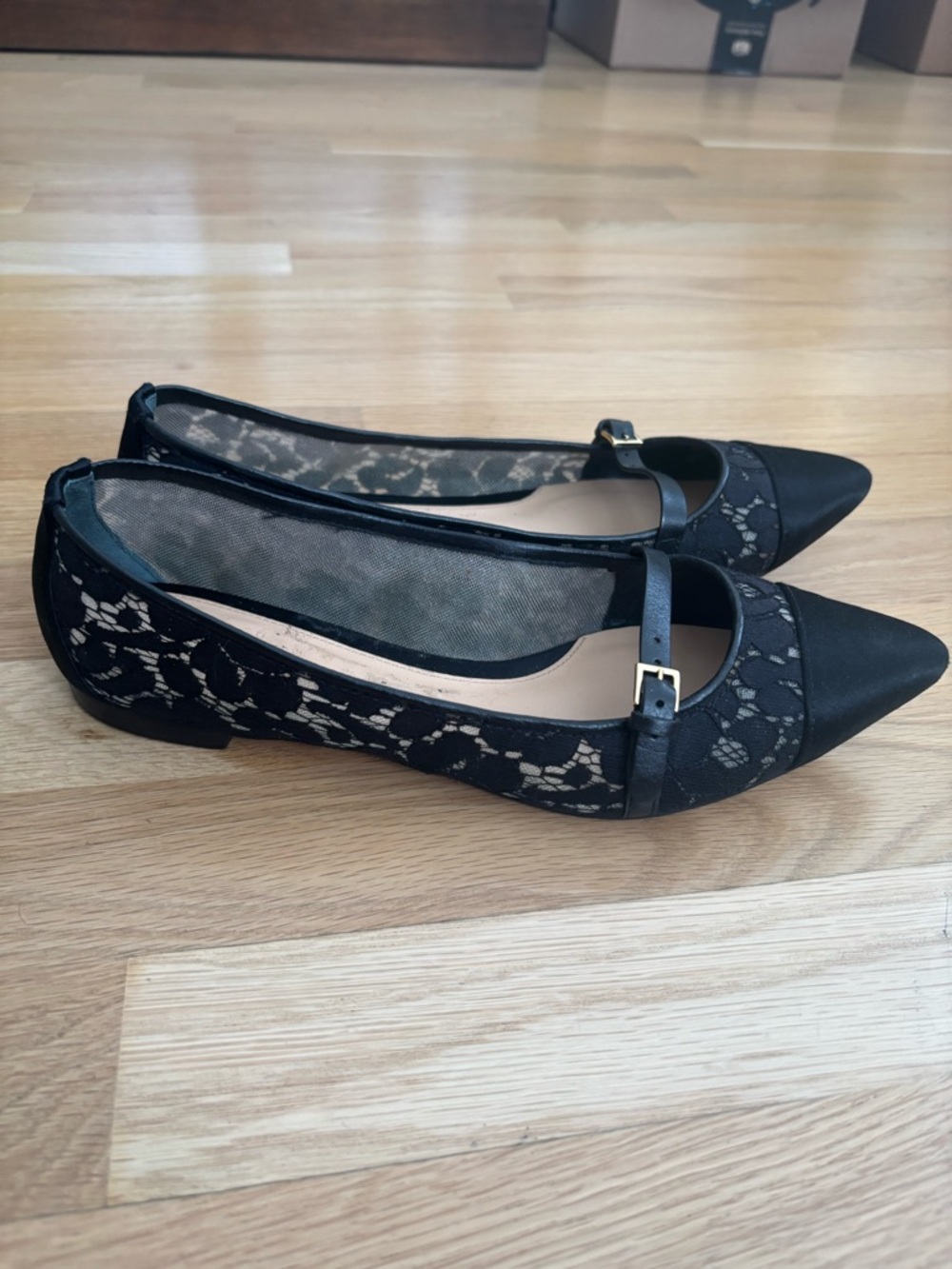 Tory Burch Black Lace Pointed Flats with Buckle Strap